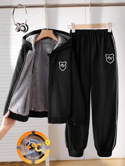 2pcs/Set Tween BoysCasual Collegiate Style Outfit, Hooded Zip-Up Fleece Jacket & Contrast Drawstring Hem Pants Set, Suitable For Vacation, Back To School, Outdoor Wear