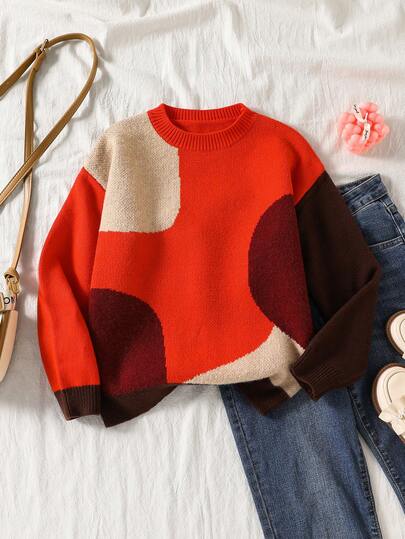 SHEIN Girls' Autumn/Winter Color Block Crew Neck Red Sweater, Warm, High-Quality, Soft And Comfortable Vintage Elegant Knit Top For Teenage Girls, Suitable For Autumn/Winter, Back To School, Casual, Home, Outdoor, Party, Shopping