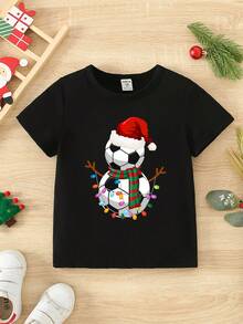 SHEIN Áo thun tay ngắn in họa tiết hoạt hình dễ thương hình người tuyết và ông già Noel cho bé trai phong cách Giáng sinh vui vẻ, thích hợp cho tiệc Giáng sinh - màu đen - Xem 3