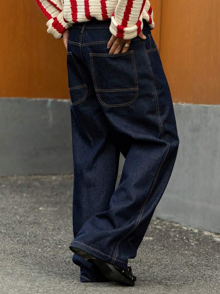 Men's Plain Navy Blue Blue Raw Denim Jeans, Autumn