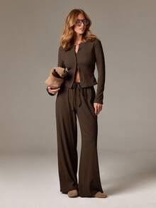 AiiRZ Ribbed Cardigan And Wide Leg Pants Co Ord Set For Women Casual Lounge Wear Autumn Winter Outfit - Chocolate Brown - View 3