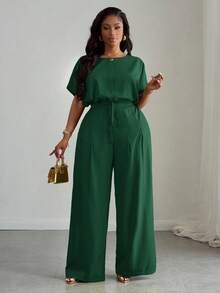 Slaydiva Bộ đồ 2 món màu xanh lá cây thanh lịch, phù hợp cho mùa Xuân/Hè, đi làm, dự tiệc, đi club và hoạt động ngoài trời, gồm áo crop top dáng rộng vai rớt có dây rút và quần ống rộng có túi dành cho nữ cỡ lớn - A - Màu xanh lá cây đậm - Xem 5