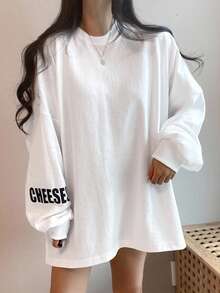 DAZY 标语图案落肩开衩超大 T 恤，奶酪是生活中你想要的东西的隐喻，回到学校服装长袖女式上衣