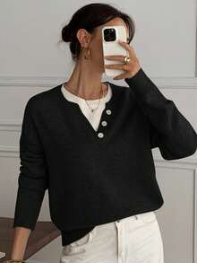 DAZY Casual Color Block Henley Neck Pullover, Soft Knit 2 In 1 Sweater For Women - Black - View 2