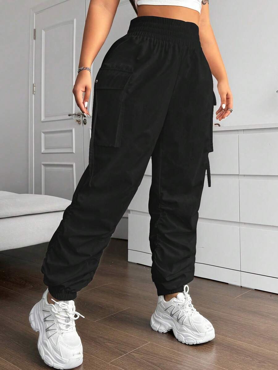 Vibekara 大码休闲纯色口袋褶皱工装裤