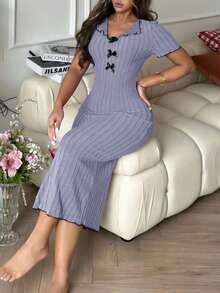 SHEIN Váy dệt kim màu tương phản đính nơ thanh lịch, đồ mặc nhà cho nữ - Bụi tím - Xem 4