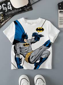 BATMAN X SHEIN 男童夏季蝙蝠与人物图案短袖T恤 - 白色 - 查看 1