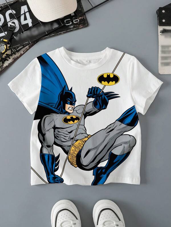 BATMAN X SHEIN 男童夏季蝙蝠与人物图案短袖T恤