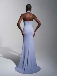 Elitara 优雅、浪漫、性感、时尚、灰蓝色、针织弹力面料、褶饰、仿珍珠链、鱼尾下摆、拖尾、影响者、节日、度假、生日派对、婚礼活动、正式晚宴礼服 - 霧霾藍 - 查看 6