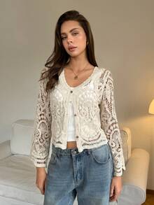 SHEIN Tall 女士度假休闲镂空钩针开衫秋冬装 - 杏色 - 查看 5