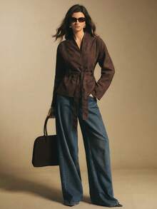 Poéselle Brown Belted Faux Suede Jacket For Women - Long Sleeve Wrap Coat, Soft Minimalist Lightweight Outerwear,Women's Fashion Waist Belt Long Sleeve Button Jacket Women Fall Clothes Brown Blazer Women Women S Fall Clothes Chocolate Brown Top - Chocolate Brown - View 2