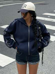 SHEIN EZwear Autumn Women's Navy Blue Hooded Zipper Long Sleeve Letter Embroidery Design Casual Sweatshirt, Long Sleeve Top Graduation, Back To School Clothing, Graduation, Women's Teacher Clothing, Autumn And Winter Back To School