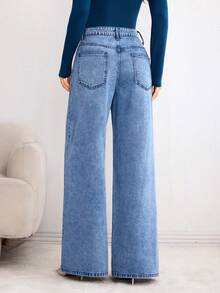 Elenzga Women's Plant Embroidery Pocket Wide Leg Loose Casual Jeans - Medium Wash - View 2