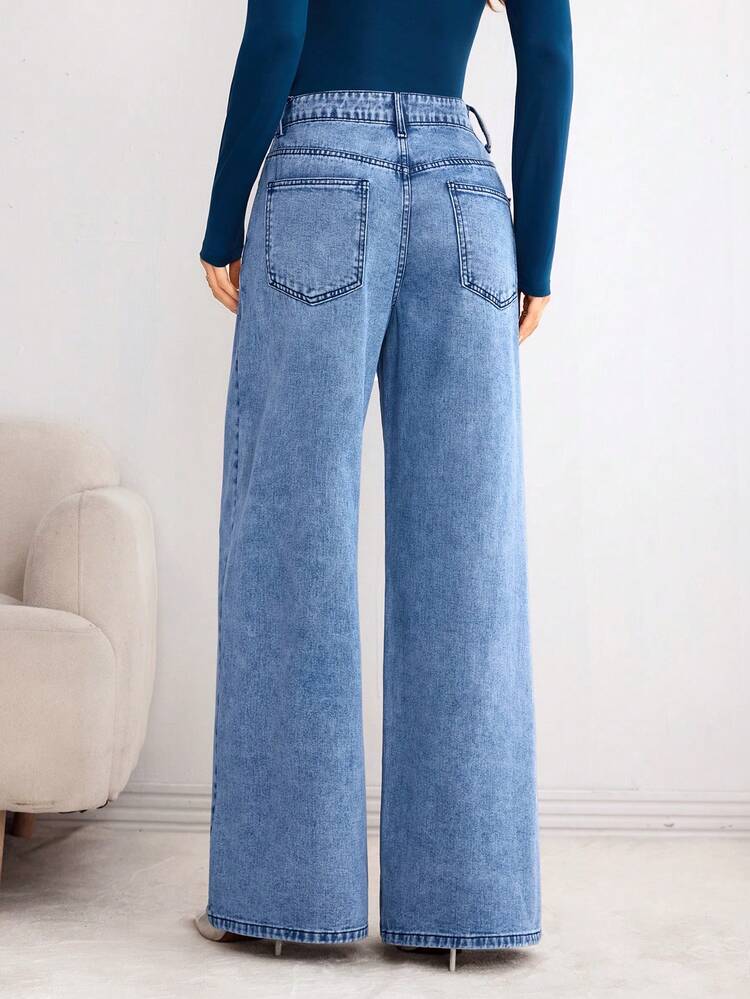 Elenzga 女式植物刺绣口袋阔腿宽松休闲牛仔裤 - 中等水洗藍 - 查看 2