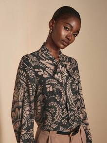 JIAN LASALA Blusa suelta con mangas largas tipo obispo, cuello con lazo, botones y estampado todo sobre, para mujer, ropa de otoño, colección de prendas de lujo y elegantes con gráficos de estilo - Multicolor - Ver 7