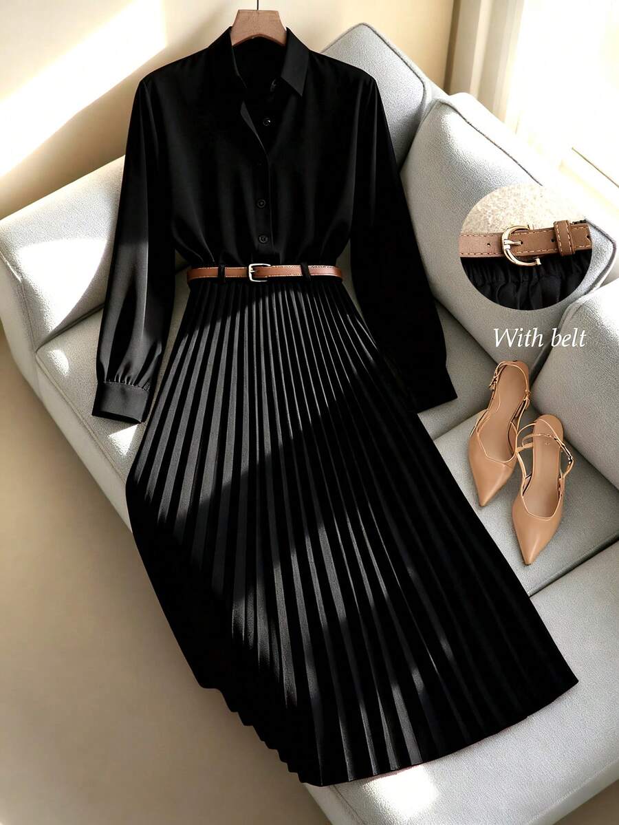 Franclia قميص كاجوال طويل الأكمام بلون أحادي مناسب للتنقل اليومي، مع تنورة نسائية قصيرة على شكل حرف A، تنورة مطوية، تنورة ماكسي، يأتي مع حزام، ربيع/خريف، بدلة نسائية بلون كاكي، بدلة نسائية مكونة من قطعتين، فستان بدلة نسائية، ملابس خريف/ربيع، ملابس نسائية كاجوال، زي موحد للمعلمات النسائية - الأسود - مشاهدة 1