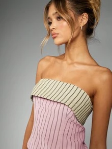 MISSGUIDED Áo crop top không dây sọc hai tông màu mùa hè xuân thường ngày nghỉ dưỡng bãi biển lễ hội không tay - Bụi hồng - Xem 3