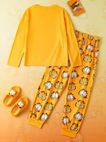 GARFIELD | SHEIN 2pcs Tween Boy Cute Cartoon Pattern Round Neck Drop Shoulder Long Sleeve Top And Pants Knit Casual Pajama Set - Multicolor - View 2