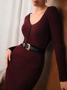 MOTF PREMIUM V-NECK LONG SLEEVE SLIMMING MID-LENGTH KNITTED SWEATER DRESS, AUTUMN/WINTER, CHRISTMAS DRESS, RED DRESS, NEW YEAR DRESS - Red - View 3