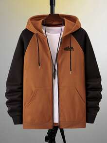 Manfinity Homme Men Letter Graphic Colourblock Drawstring Thermal Lined Hoodie Without Tee - Brown - View 3