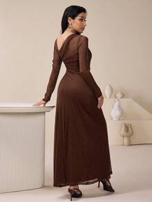 Modelyn 女士优雅不对称领口长袖连衣裙，适合派对 - 摩卡棕 - 查看 4