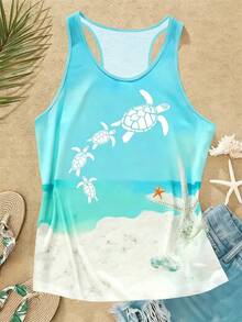 女士无袖圆领渐变海龟和沙滩印花休闲背心，适合夏季度假 - 淺藍色 - 查看 1