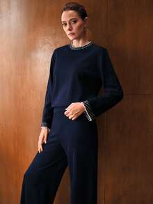 MOTF PREMIUM CHIC 2 PIECES KNIT SET: CONTRAST TRIM CREW NECK SWEATER AND WIDE LEG PANTS WITH CONTRAST HEM, AUTUMN/WINTER - Navy Blue - View 5