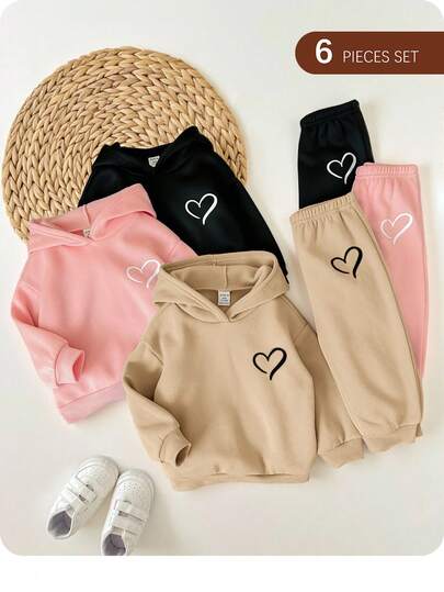 Set de 6 piezas Sudadera con capucha y pantalón de cintura elástica con patrón de corazón de unicolor lindo para bebé niña, otoño/invierno