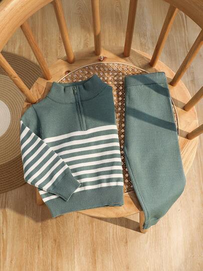 SHEIN 2pcs/Set Baby Boy Girl Green And White Striped Sweater & Winter Pants Set,Autumn Modest Matching Family -Zip Stand Collar Chic College Style Clothes