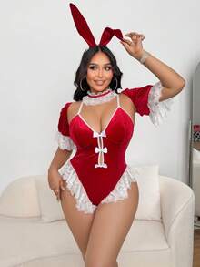 Fantasy Costume 4件套加大码圣诞天鹅绒红白对比性感兔子紧身衣套装 - 酒紅色 - 查看 1