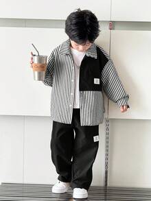 SHEIN 2 件套年轻男童舒适日常休闲宽松韩版时尚条纹长袖衬衫和裤子套装，适合春季、夏季、秋季、冬季、日常穿着、运动、郊游、学校、派对、节日、拍照、返校季 - 黑色 - 查看 3