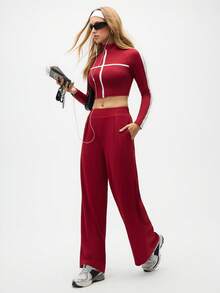 SHEIN Sports 女士纯色松紧腰褶皱阔腿宽松休闲裤 - 酒紅色 - 查看 6