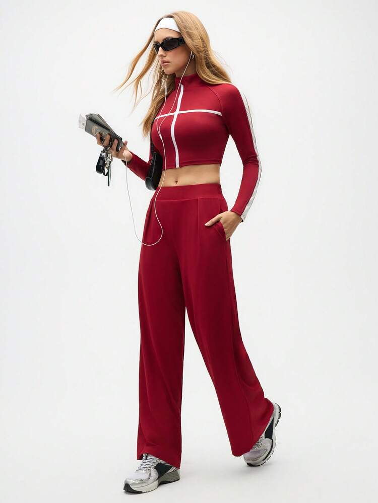 SHEIN Sports بنطلون نسائي بخصر مطاطي مطوي واسع الساق فضفاض وكاجوال - عنابي اللون - مشاهدة 6