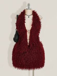 SHEIN ICON Winter Y2K Halter Sexy Vintage Fur Collar Cross Pendant Plus Size Women Tank Top/Christmas - Burgundy - View 1