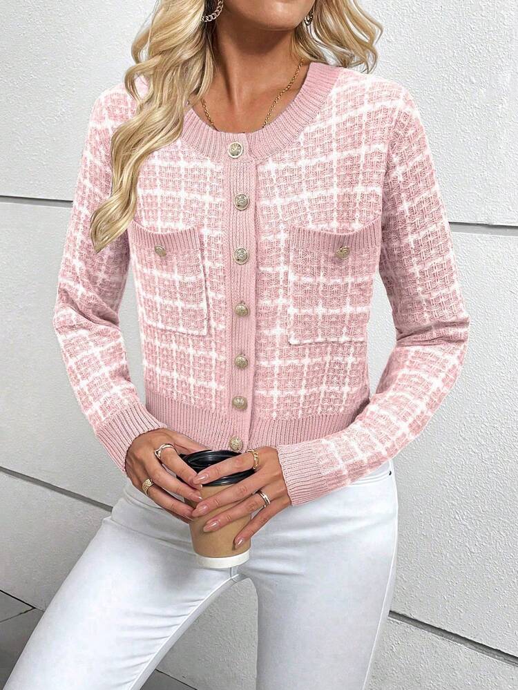 EMERY ROSE 女式格子长袖金属单排扣休闲针织开衫，秋季 - 淺粉色 - 查看 6