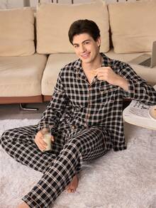 CoupledUp 格子印花泡泡褶男士长袖衬衫和裤子睡衣套装 情侣睡衣套装 男士睡衣套装 秋冬情侣睡衣套装 方格纹睡衣套装，圣诞节 - 黑色 - 查看 4
