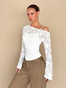 Rafferiza Women's Elegant Solid Color Textured Asymmetric Shoulder Flare Sleeve Top, Autumn - White - View 4