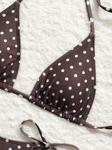Swim Vcay Summer New Beach Vacation Party Afternoon Tea Polka Dot Print Micro Triangle High Cut Side Tie Ruched 3 Pieces Women Swimsuit Set Polka Dot Bikini Swimsuits 2 Pieces Women Bathing Suit Set Star Bikini Polka Dot Bathing Suit Pokadot Bikini Women Bathing Suit Set - Coffee Brown - View 5