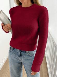 SHEIN Tall Áo len trơn màu giản dị họa tiết vải bông mềm mại dành cho nữ - Màu Đỏ Sâu - Xem 3