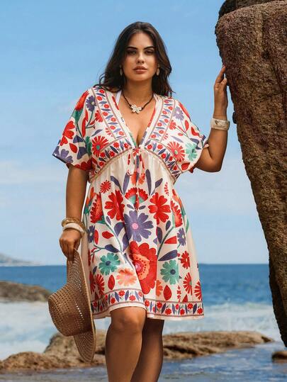 Swim Vcay Plus Size Women Floral & Plant Print V-Neck Sexy Dress