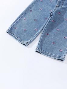 Infant Girls' Jeans, Toddler Girls' Casual Jeans With Cute Butterfly Applique And Embroidery Design, Mid-Waist Slim Fit Blue Denim Pants, Suitable For Infant, Jeans With Bow, Y2K Style Jeans, New Autumn/Winter 2025 - Blue - View 5