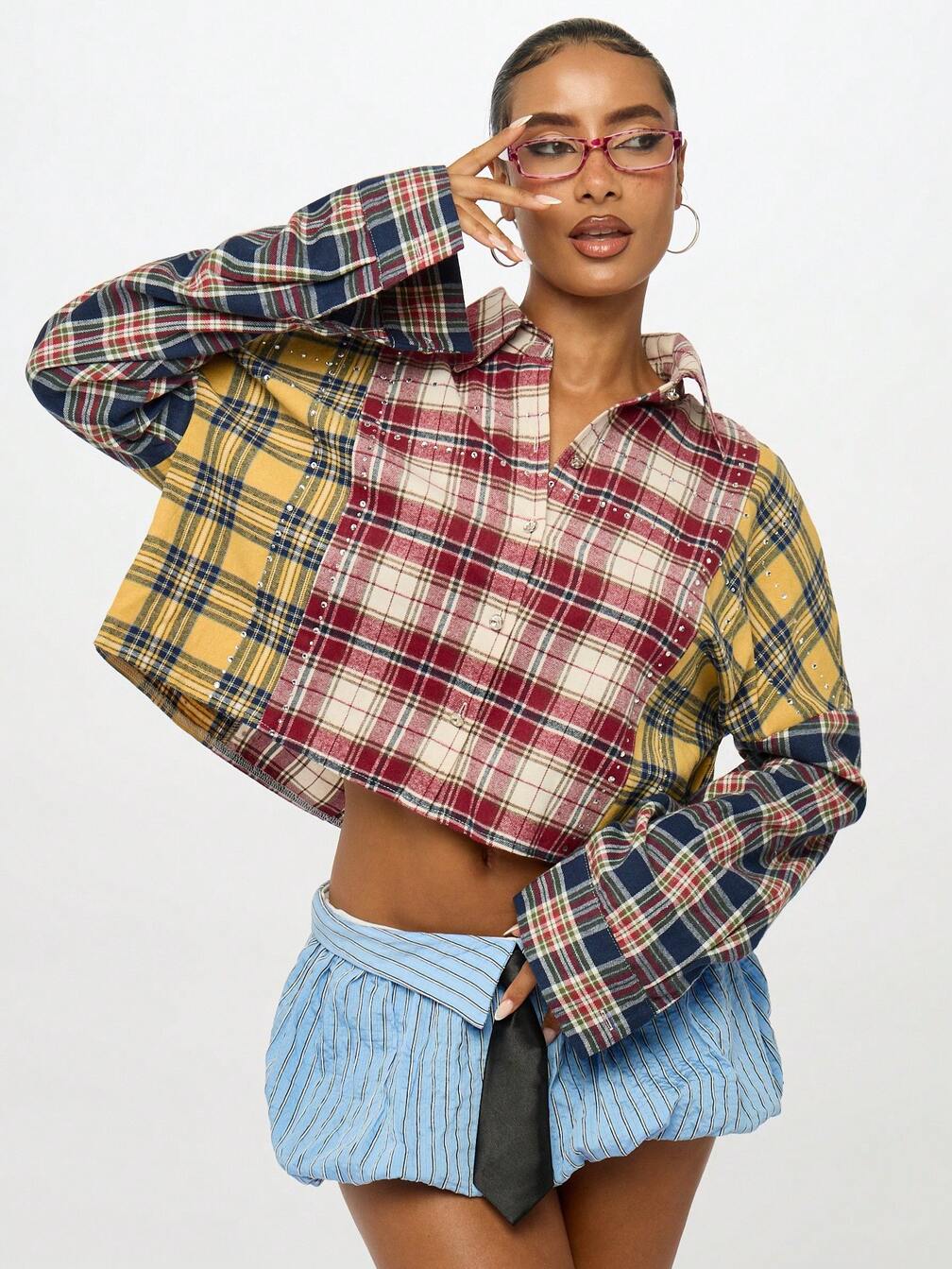 Plus Size Patchwork Plaid Button Front Long Sleeve Shirt Fall