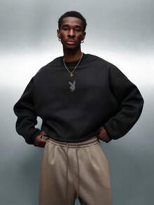 PLAYBOY X SUMWON Men's Rhinestone Embellished Crop Sweatshirt With Logo Print Design For Casual Winter Street Style - Black - View 3