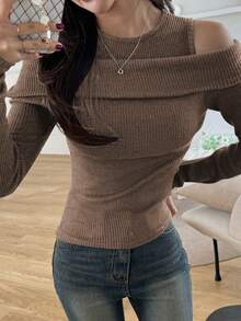 DAZY Women's Solid Color Off-Shoulder Fitted Fashion T-Shirt, Coffee Brown, Spring/Autumn Long Sleeve Top