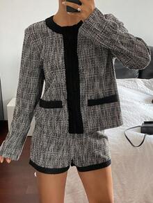 Livesso Women's Casual Round Neck Jacket And Shorts 2 Pieces Set, Autumn - Black - View 1