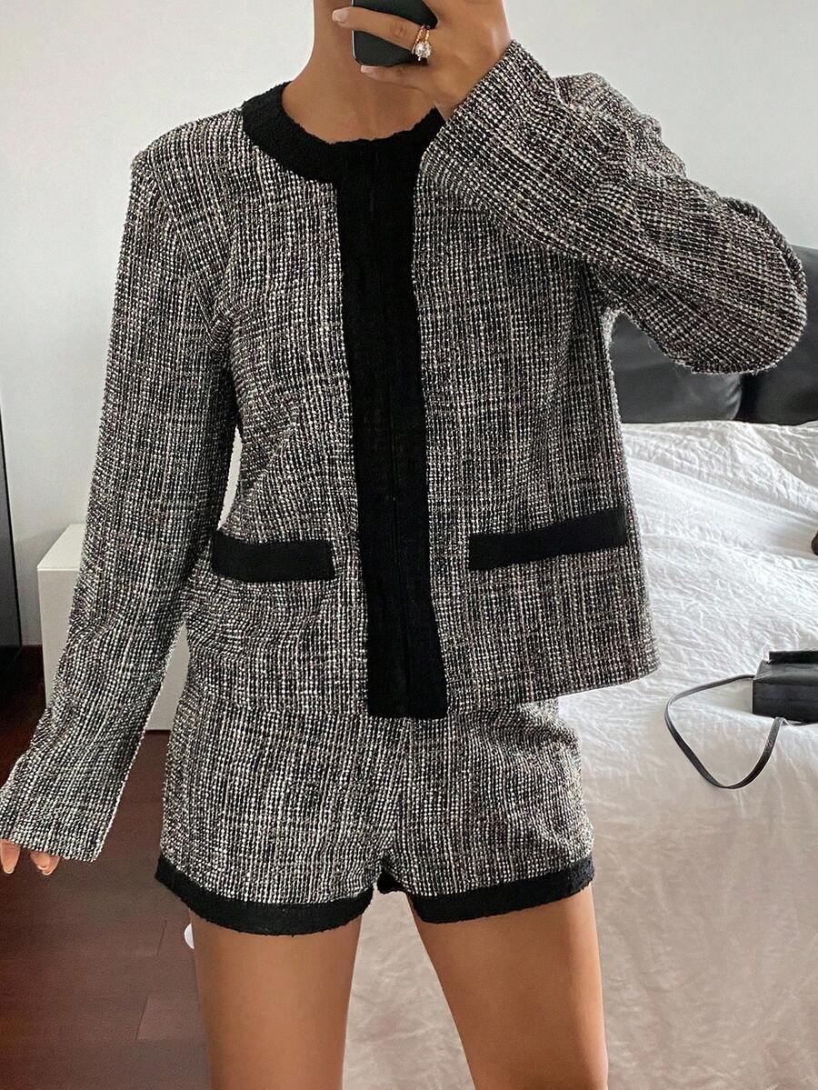 Livesso Women's Casual Round Neck Jacket And Shorts 2 Pieces Set, Autumn - Black - View 1