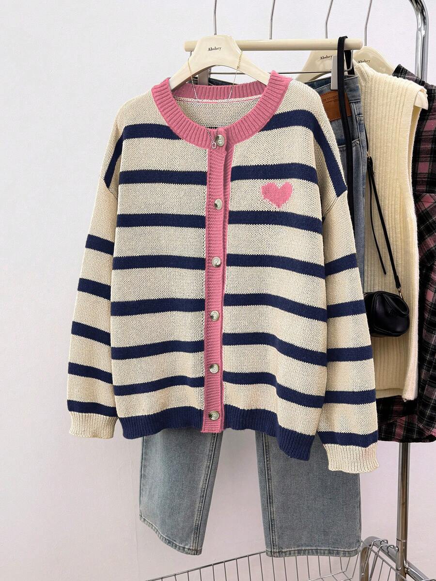 Calvaya Plus Size Striped Heart Embroidered Cardigan, Valentine's Day - Coral Pink - View 1