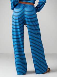 MISSGUIDED Pantalon de survêtement confortable pour femmes avec rayures horizontales, taille avec cordon de serrage et design jambes larges - Bleu azur - Voir 2