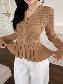 DAZY Women's Elegant Solid Color Ruffle Trim Faux Pocket Cardigan, Autumn - Brown - View 1
