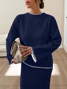 EURMUSE Women Stitch Detailed Round Neck Drop Shoulder Pullover & Sweater Skirt Set - Navy Blue - View 6